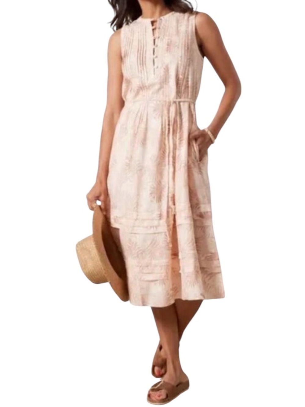 Faherty Isha Linen Blend Sleeveless MIDI Dress Peach Palms Size M